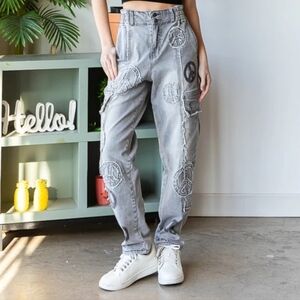 Oli & Hali Gray Embroidered Peace Sign Cargo Jeans